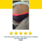 A person wears a black Red Light Therapy Wrap across their lower back emitting a red glow, positioned above a five-star rating and a customer review.