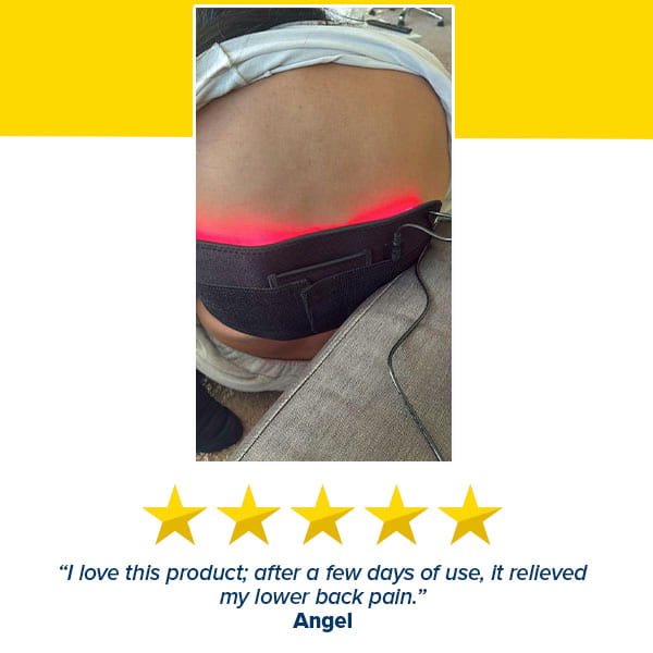 A person wears a black Red Light Therapy Wrap across their lower back emitting a red glow, positioned above a five-star rating and a customer review.