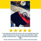 A black Red Light Therapy Wrap with a glowing red light secured around a person’s lower leg, positioned above five gold stars and a customer testimonial.