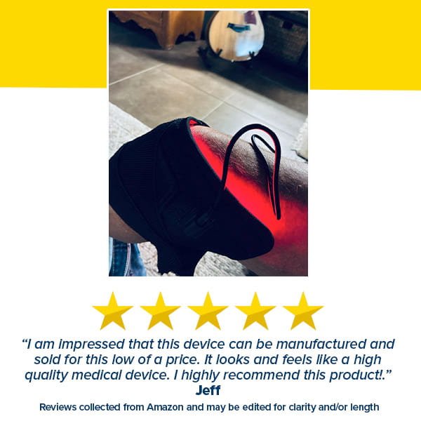 A black Red Light Therapy Wrap with a glowing red light secured around a person’s lower leg, positioned above five gold stars and a customer testimonial.