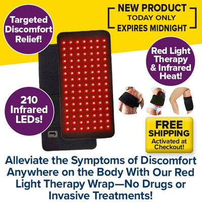 Promotional image for the Red Light Therapy Wrap displays glowing red LEDs, far-infrared heat for targeted pain relief, free shipping, and small photos showing the wrap in use on knees and arms.