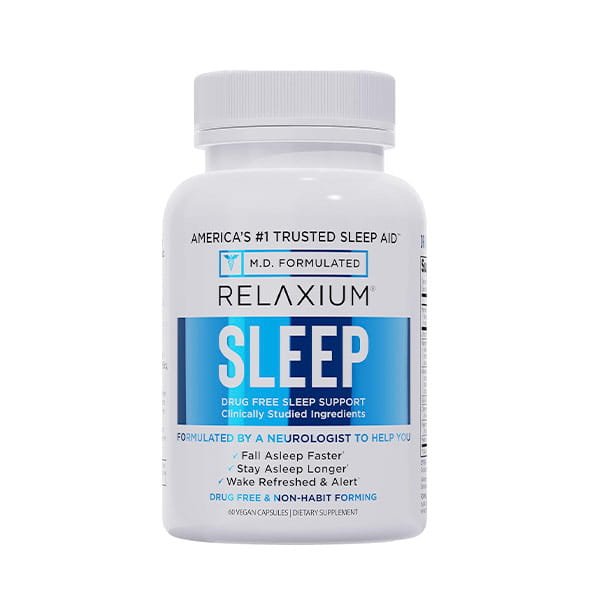 A bottle of Relaxium with a white cap and blue label offers a non-habit-forming sleep aid made with clinically studied ingredients to support your natural sleep cycle, helping you fall asleep faster and wake up refreshed.