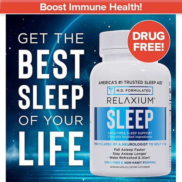 A bottle of Relaxium is shown against a starry background, with text highlighting it as a non-habit-forming sleep aid that supports your natural sleep cycle and boosts immune health.