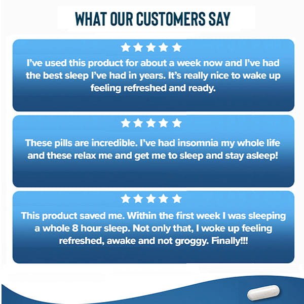 A graphic titled What Our Customers Say shows three 5-star reviews praising Relaxium, a non-habit-forming sleep aid, for improving sleep quality, reducing insomnia, and helping users wake up refreshed. A white capsule appears at the bottom.