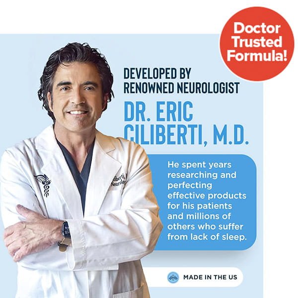 A smiling male doctor in a white coat stands with folded arms. Text: Developed by renowned neurologist Dr. Eric Giliberti, M.D., creator of Relaxium, a non-habit-forming sleep aid. A red badge reads: Doctor Trusted Formula!.