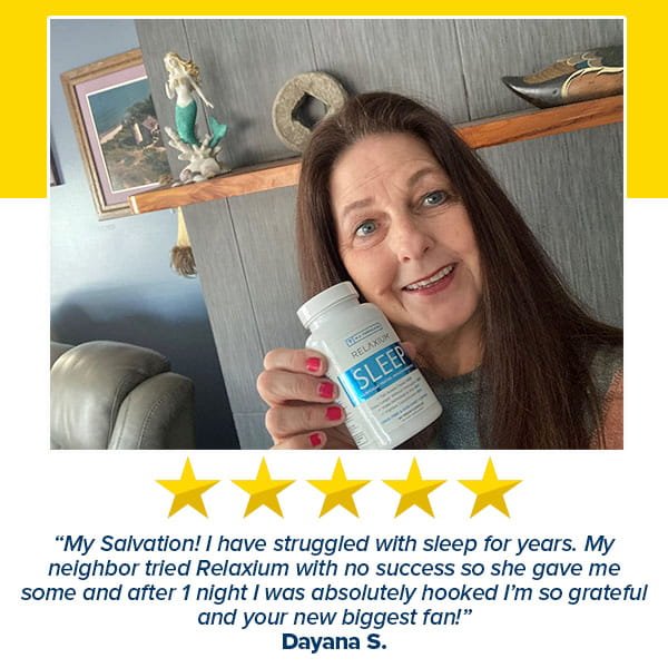 A woman with long brown hair smiles while holding a bottle of Relaxium, a non-habit-forming sleep aid. Behind her are decorative items. Below is a 5-star review from Dayana S., praising the product for improving her sleep.
