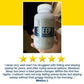 A hand holds a bottle of Relaxium, a non-habit-forming sleep aid. Below is Monica J.’s five-star review praising its support for her natural sleep cycle, all shown on a white and yellow background.