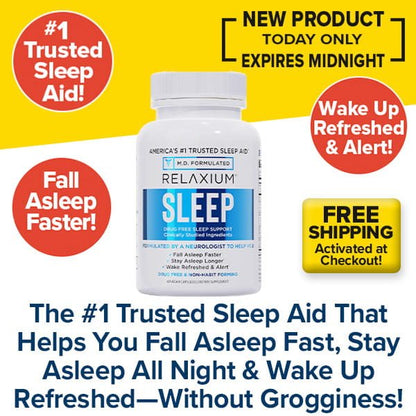 A bottle of Relaxium is featured against a yellow and white background, highlighting it as the #1 Trusted Sleep Aid with a non-habit-forming formula to help you fall asleep fast, wake up refreshed, plus enjoy free shipping.