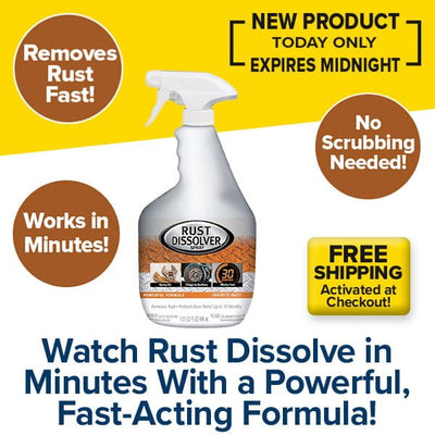 Rust Dissolver Spray quickly removes rust in minutes—no scrubbing needed! Enjoy free shipping and take advantage of this limited-time offer before it expires at midnight.