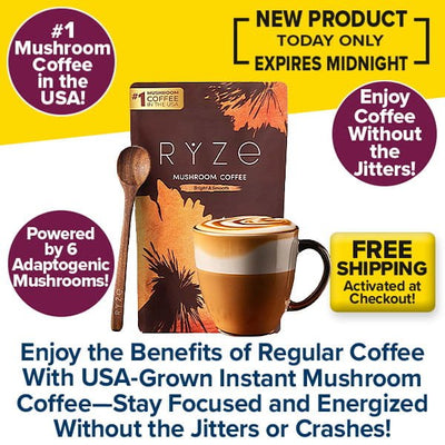 A Ryze Mushroom Coffee ad shows its packaging, a foamy coffee cup, and a wooden spoon, highlighting instant coffee with 6 adaptogenic mushrooms, no jitters, free shipping, and a limited-time new product offer.