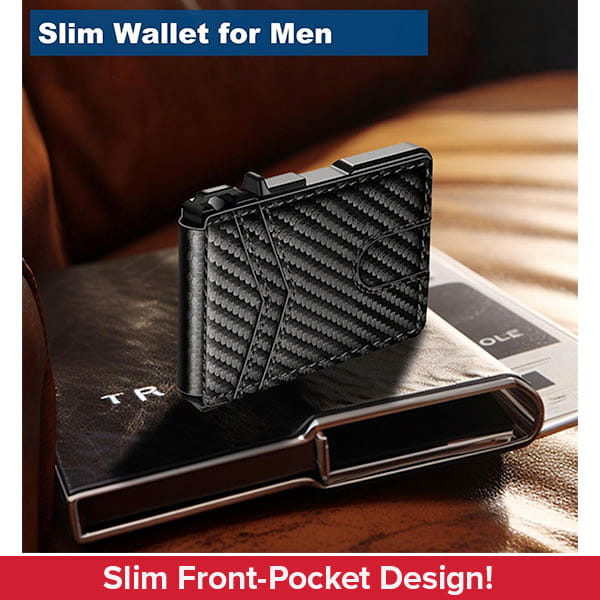 A black, textured Slim Compact RFID Wallet rests on a book, with the words “Slim Compact RFID Wallet” at the top and “Slim Front-Pocket Design!” at the bottom.