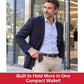 A man in a blazer and dress shirt stands outside a modern building, placing the Slim Compact RFID Wallet into his pants pocket. Text below reads, Built to Hold More in One Compact Wallet!.
