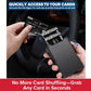 A hand holds the Slim Compact RFID Wallet, displaying credit cards popping up. Blue text reads, Quick access to your cards. A red banner below says, No more card shuffling—grab any card in seconds from your slim compact RFID wallet.