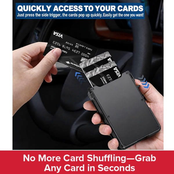 A hand holds the Slim Compact RFID Wallet, displaying credit cards popping up. Blue text reads, Quick access to your cards. A red banner below says, No more card shuffling—grab any card in seconds from your slim compact RFID wallet.