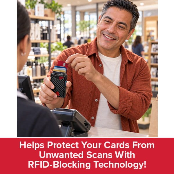 A man smiles while holding the Slim Compact RFID Wallet and a credit card near a payment terminal. Text below reads, Helps Protect Your Cards From Unwanted Scans With RFID-Blocking Technology!.