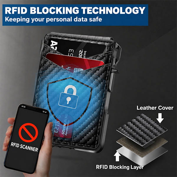 Introducing the Slim Compact RFID Wallet: a minimalist wallet designed for front-pocket carry, shown holding credit cards inside. A prominent blue lock symbol signifies enhanced security, while a nearby phone displays an RFID Scanner icon with a red circle and slash, underscoring the wallet’s advanced RFID-blocking technology. With multiple layers of premium leather and specialized RFID-blocking material, the Slim Compact RFID Wallet provides everyday protection against electronic theft.