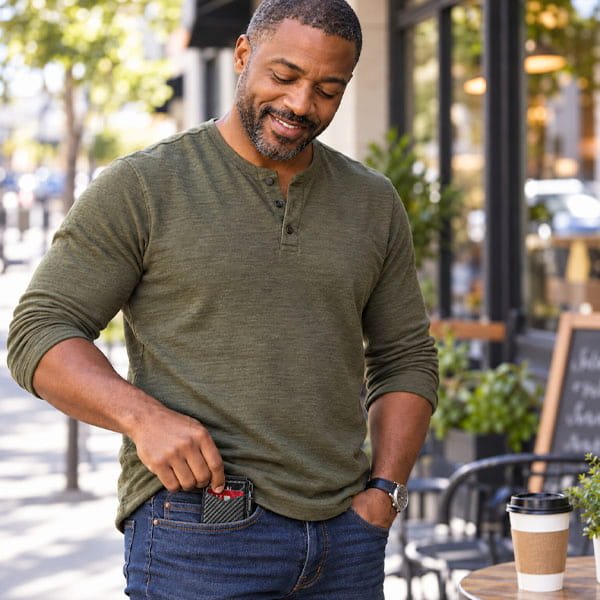 A man in a green long-sleeve shirt smiles as he slips the Slim Compact RFID Wallet into his jeans pocket, while a takeaway coffee cup rests on the outdoor café table next to him.