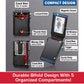 Diagram of the Slim Compact RFID Wallet in black, showcasing labeled features: card slots, money clip, lanyard hole, thumb hole, magnetic closure, ID window, card box, trigger mechanism, and rugged aluminum body. Text: Durable bifold construction with 5 organized compartments—ideal as a slim RFID wallet for convenient front-pocket carry!.