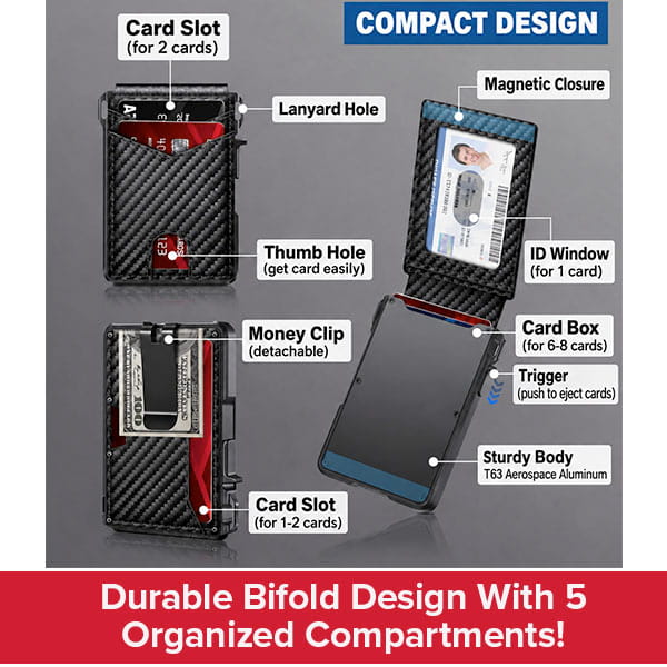 Diagram of the Slim Compact RFID Wallet in black, showcasing labeled features: card slots, money clip, lanyard hole, thumb hole, magnetic closure, ID window, card box, trigger mechanism, and rugged aluminum body. Text: Durable bifold construction with 5 organized compartments—ideal as a slim RFID wallet for convenient front-pocket carry!.