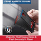 A hand slides a card into the Slim Compact RFID Wallet, a slim bifold minimalist wallet with a strong magnetic closure. Text reads, Magnetic Hold Keeps Cards & Cash Securely in Place!.