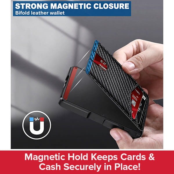 A hand slides a card into the Slim Compact RFID Wallet, a slim bifold minimalist wallet with a strong magnetic closure. Text reads, Magnetic Hold Keeps Cards & Cash Securely in Place!.