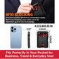 A hand slides a credit card into the Slim Compact RFID Wallet, a black and ultra-slim accessory. Its size is displayed next to a blue smartphone, while text highlights RFID protection and a pocket-friendly design—making this minimalist wallet ideal for business, travel, and everyday use.