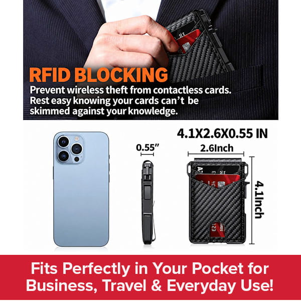 A hand slides a credit card into the Slim Compact RFID Wallet, a black and ultra-slim accessory. Its size is displayed next to a blue smartphone, while text highlights RFID protection and a pocket-friendly design—making this minimalist wallet ideal for business, travel, and everyday use.