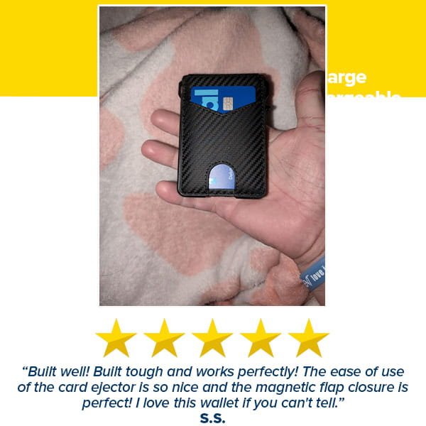 A hand holds a sleek black Slim Compact RFID Wallet with blue cards inside, against a pink-and-white blanket. Below is a five-star review praising the wallet’s toughness, card ejector, and magnetic flap, signed with the initials S.S.