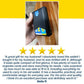 A hand holds the Slim Compact RFID Wallet, a sleek black carbon fiber minimalist wallet with blue and yellow cards visible. Below are five gold stars and a positive customer review by Delia P. on a white background with a wood floor visible.