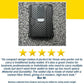 A slim, black Slim Compact RFID Wallet with a carbon-fiber pattern and metal money clip rests on a gray textured surface. Below it are a five-star rating, a customer review, and the name Roc W.