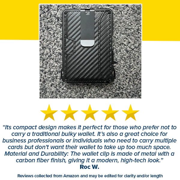 A slim, black Slim Compact RFID Wallet with a carbon-fiber pattern and metal money clip rests on a gray textured surface. Below it are a five-star rating, a customer review, and the name Roc W.