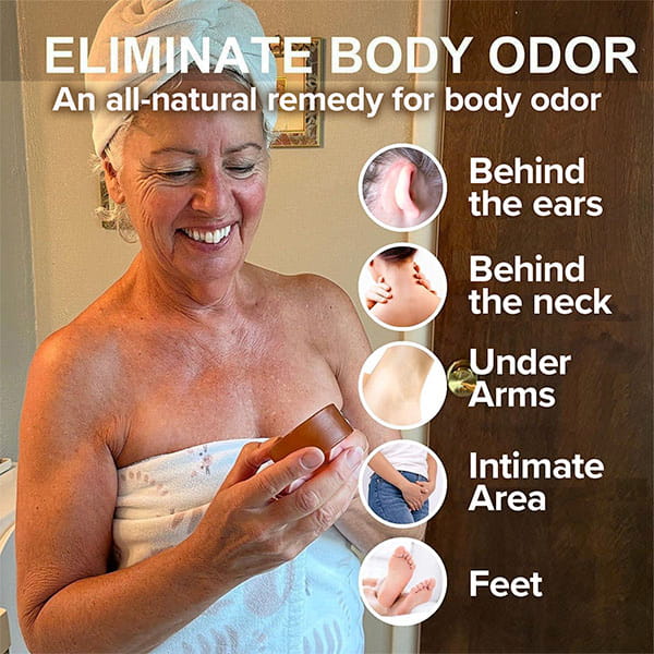 A smiling woman holds a Kaori Soap Bar for Old People Smell, with text on the packaging listing areas for application—behind the ears, neck, underarms, intimate area, and feet—to help eliminate nonenal odor.