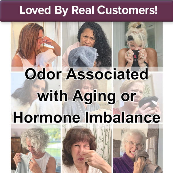 A collage of nine photos of women smelling their clothing with text that reads Loved By Real Customers! and Odor Associated with Aging or Hormone Imbalance, featuring Kaori Soap Bar for Old People Smell as the solution.