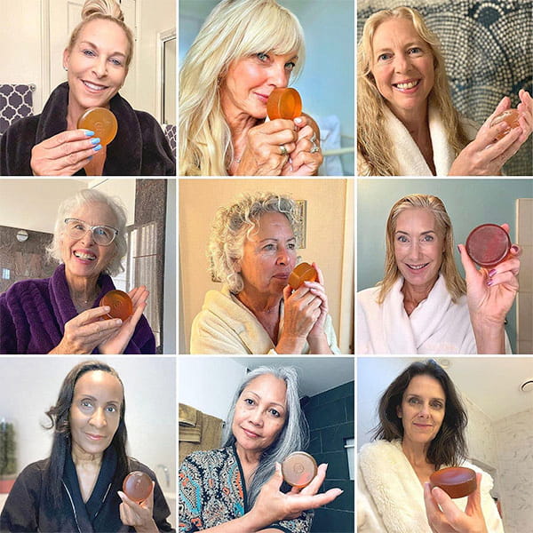 A collage of nine women each holding a round, translucent Kaori Soap Bar for Old People Smell.