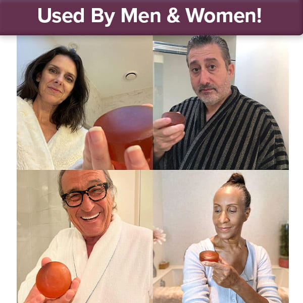 A collage of four people in bathrooms holding a round, translucent orange Kaori Soap Bar for Old People Smell, with the text Used By Men & Women! at the top.