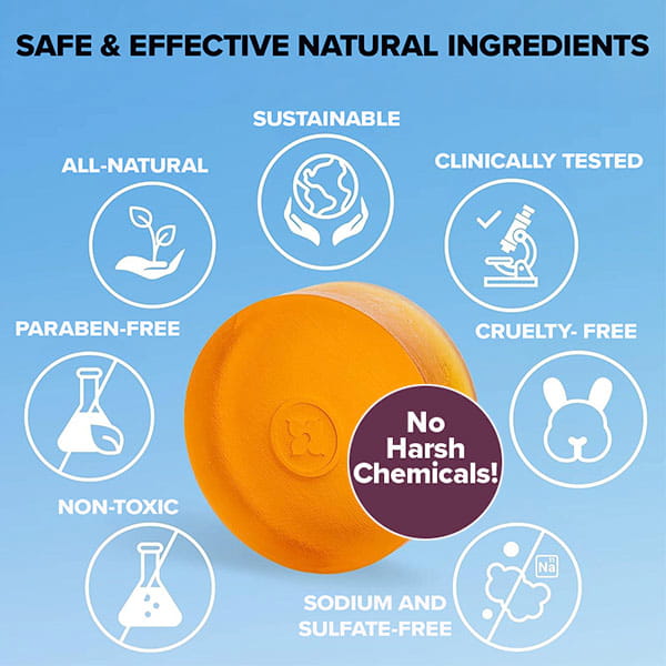 A circular orange Kaori Soap Bar for Old People Smell surrounded by icons for safe, natural, sustainable, clinically tested, paraben-free, cruelty-free, non-toxic, and sulfate-free ingredients used for nonenal odor elimination.
