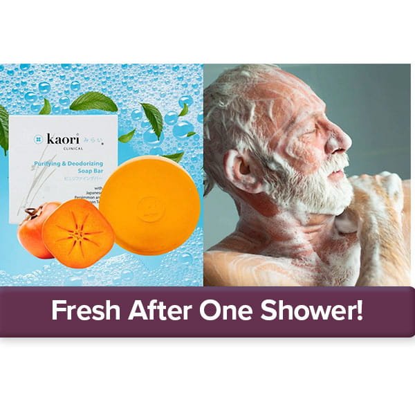 A Kaori Soap Bar for Old People Smell with a sliced persimmon and packaging on the left, and an older man washing with soap suds in the shower on the right, with the text Fresh After One Shower! below.