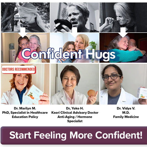 Collage of people smelling their clothes, hugging, and three doctors holding a Kaori Soap Bar for Old People Smell for nonenal odor elimination, with text overlay reading Confident Hugs and Start Feeling More Confident!.