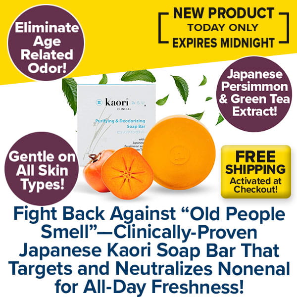 A round orange Kaori Soap Bar for Old People Smell and two persimmons in front of a product box, surrounded by text promoting the soap for nonenal odor elimination.
