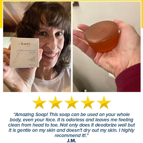 A woman smiles while holding a box of Kaori Soap Bar for Old People Smell, accompanied by a close-up of a hand holding a round, translucent orange soap bar beneath a five-star review.