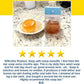 A round, translucent Kaori Soap Bar for Old People Smell on a small dish next to a boxed bar, accompanied by a five-star review.