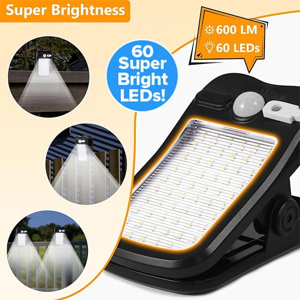 The image shows Clip On Outdoor Solar Lights (Pack of 2), each with 60 super-bright LEDs and 600 lumens. Smaller images depict the lights illuminating outdoor spaces at night, highlighting their Super Brightness.