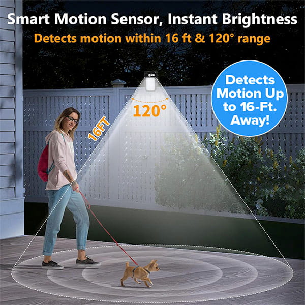 A woman walks a small dog at night in a yard lit by Clip On Outdoor Solar Lights (Pack of 2), featuring smart motion detection with a 16-foot range and 120-degree coverage. Text highlights the lights’ advanced sensing features.