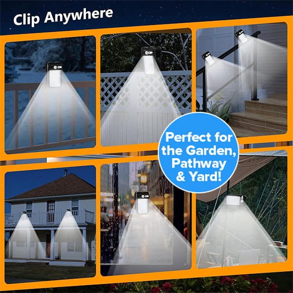 Six images display Clip On Outdoor Solar Lights (Pack of 2) brightly illuminating fences, stairs, a house, and a yard. A blue circle reads "Perfect for the Garden, Pathway & Yard!"—ideal motion sensor lights for any outdoor space.