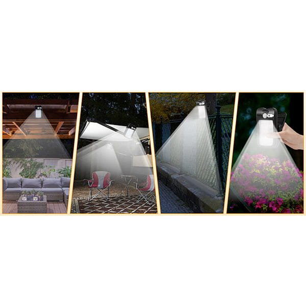 Four panels show Clip On Outdoor Solar Lights (Pack of 2) brightening a patio roof, backyard sitting area, fence, and flower garden at night, demonstrating the versatile uses of these motion sensor solar lights outdoors.