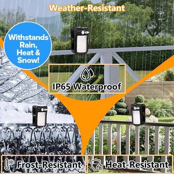 Clip On Outdoor Solar Lights (Pack of 2) are shown on a fence in rain, snow, and sun. With IP65 waterproofing plus frost and heat resistance, these motion sensor lights deliver reliable brightness all year round.