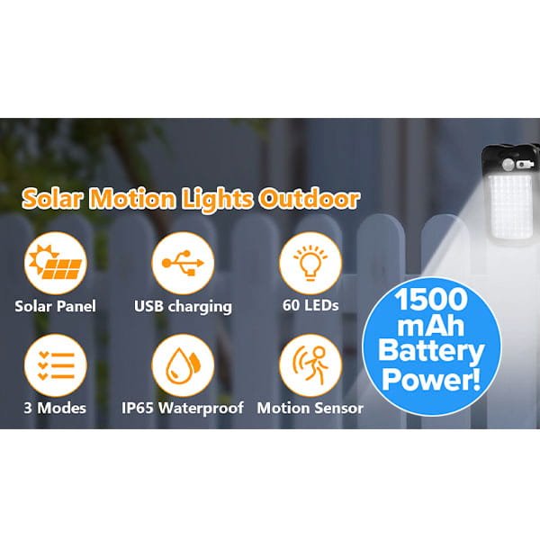 Infographic for Clip On Outdoor Solar Lights (Pack of 2) highlights solar panel, USB charging, 60 LEDs, 3 modes, IP65 waterproofing, motion sensor, and 1500 mAh battery—ideal clip-on lights for your yard's fence or outdoor spaces.