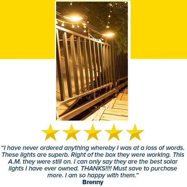 Clip On Outdoor Solar Lights (Pack of 2) brighten a wooden deck railing at night. Below the photo is a five-star rating and a glowing review about the lights’ quality and performance from customer “Brenny.”.