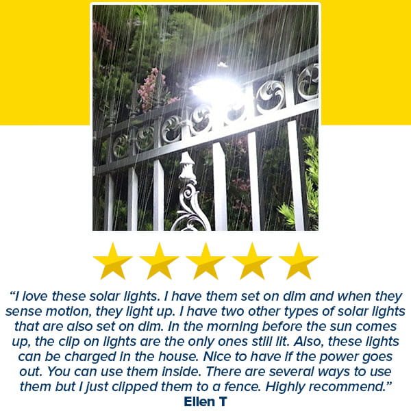 A close-up of Clip On Outdoor Solar Lights (Pack of 2) glowing on a metal fence at night with greenery behind. Below, a five-star review from Ellen T praises their features and recommends these bright solar lights.