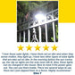 A close-up of Clip On Outdoor Solar Lights (Pack of 2) glowing on a metal fence at night with greenery behind. Below, a five-star review from Ellen T praises their features and recommends these bright solar lights.